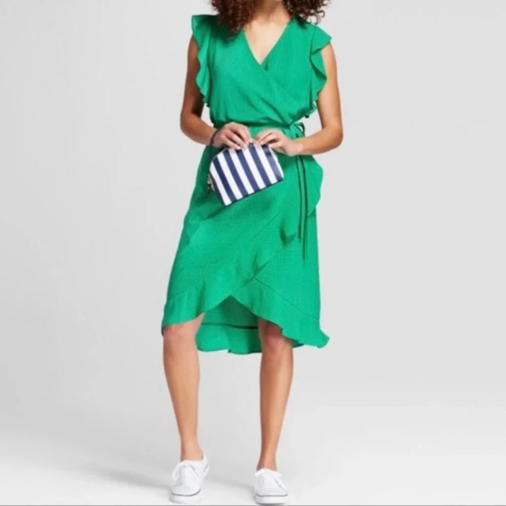 A New Day Dazzling Jade Green Plaid High Low Ruffle Wrap Midi Dress Size 22